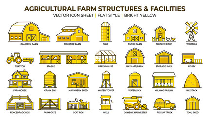 Farm Structures and Facilities Vector Icons - Flat Style Yellow © jamal