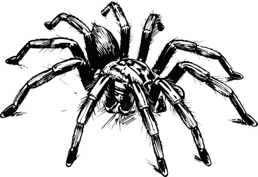 Detailed black and white illustration of a tarantula spider with visible legs and body segments