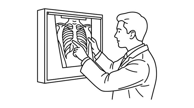 Male doctor analyzing chest x-ray radiograph on lightbox