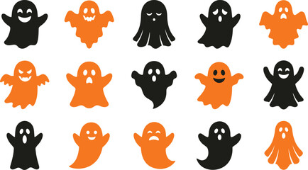 Obraz premium A festive halloween vector bundle featuring a collection of cute black and orange ghost characters for spooky holiday design projects
