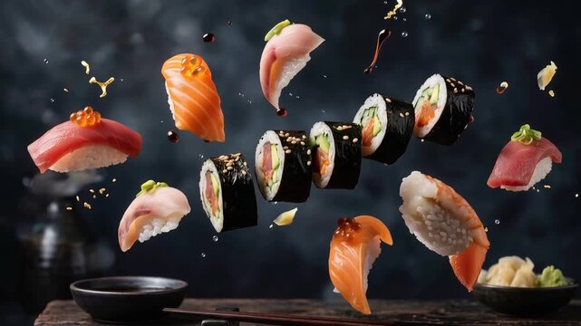 Flying sushi set with salmon tuna and shrimp nigiri levitating above wooden table. Traditional Japanese food composition with soy sauce and chopsticks. Gourmet dining restaurant concept.