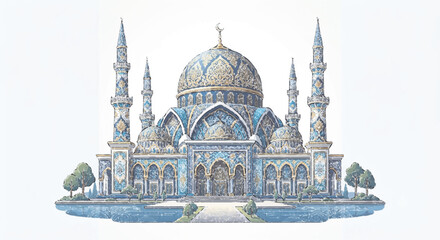 Obraz premium Masjid Agung Garut Vector Illustration | Indonesian Blue Mosque with Dome Minaret and Batik Pattern Isolated
