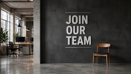 Naklejka premium Modern office wall with join our team text signage and wooden chair in stylish minimalist workspace.