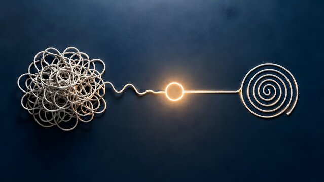 Chaos organization concept featuring tangled rope transforming into straight glowing line and neat spiral pattern