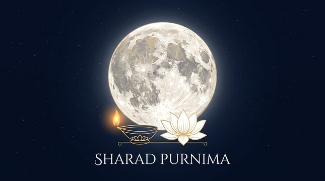 A minimalist and elegant graphic for Sharad Purnima, featuring a realistic full moon, a single lit diya, and a lotus icon