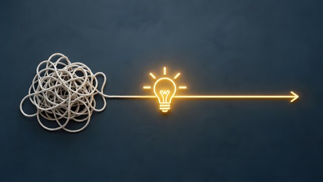 Creative problem solving concept showing tangled rope transforming into glowing lightbulb and straight arrow moving forward
