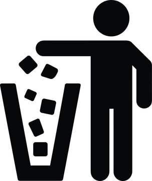 Black silhouette of a person throwing trash into a waste bin, representing recycling, cleanliness, and waste management on white