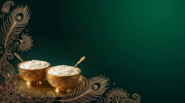 Dark green Janmashtami festive background with two butter pots peacock feathers and ornate mandala borders featuring large right copy space