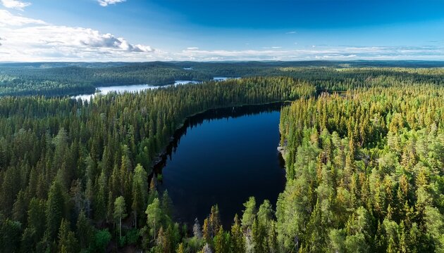 aerial view of a lake surrounded by dense boreal aka taiga forest in oulanka national park finland