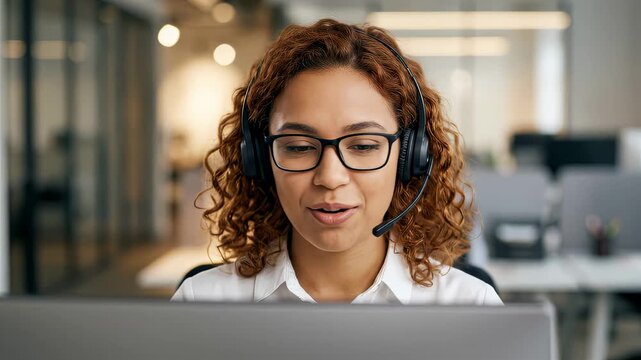Customer service representative looks at camera with headset while assisting clients. Bright office with computers and desk setup in background