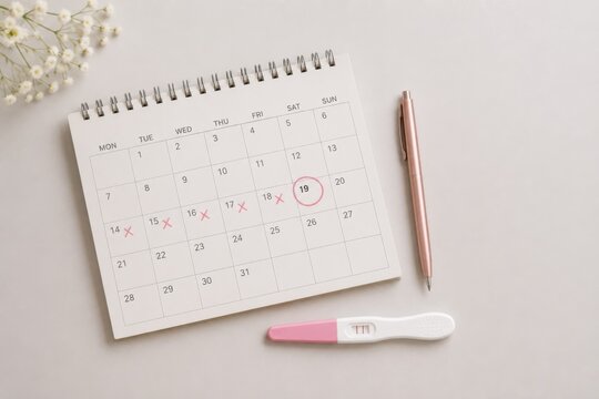 Calendar with marked fertile days and pregnancy test on a minimal desk
