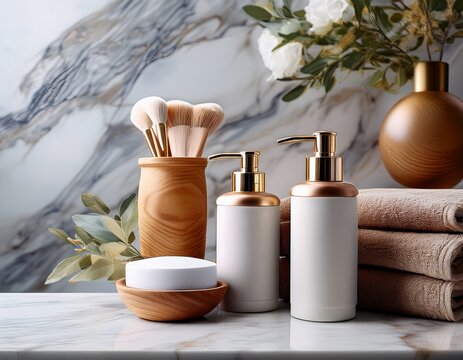 luxury bathroom beauty products on marble