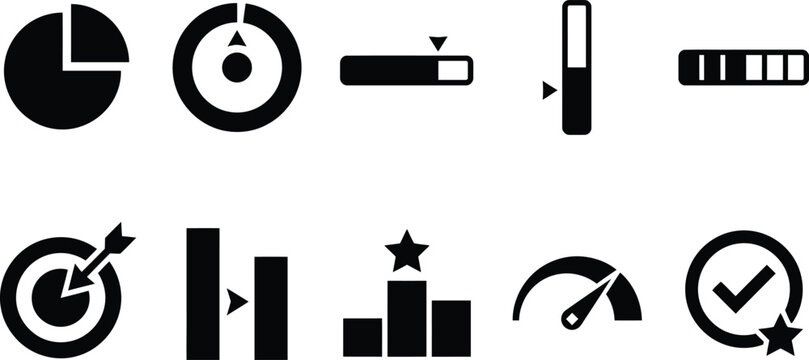 Set of business data analysis and progress bar icons isolated on transparent background silhouette