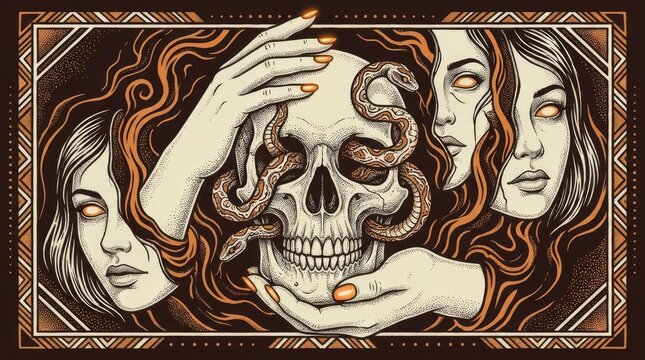 Ornate illustration of skull, snakes, and female faces.