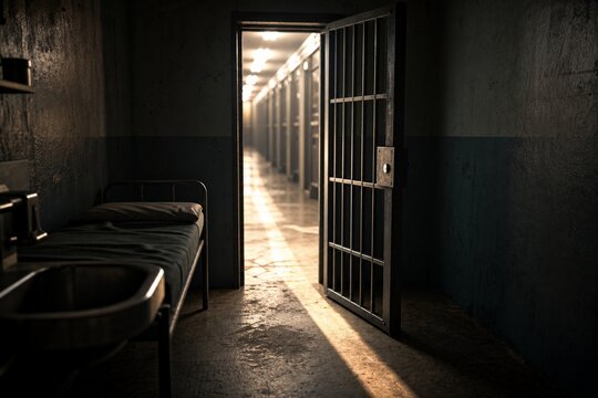 Open prison cell door with light streaming into the dark interior.