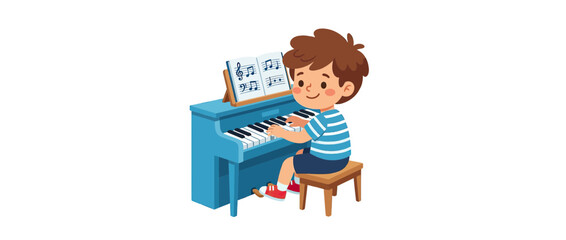 Young boy playing a blue upright piano with sheet music