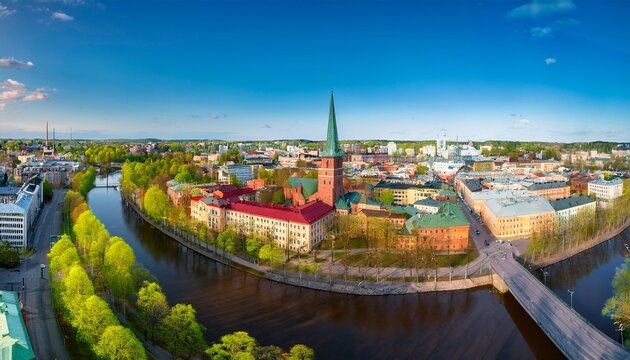 aerial panorama of turku city center cathedral of turku and aura river in spring in finland