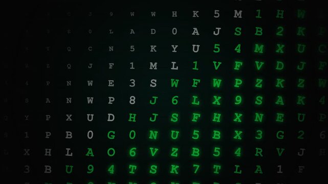 Matrix style alphanumeric character grid background in glowing green
