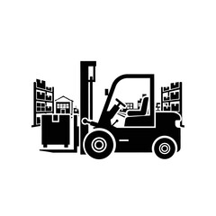 Naklejka premium Minimalist Black and White of Forklift Moving Pallet Loaded with Warehouse Shelving with high quality professional line art symbols for modern creative design and digital branding projects