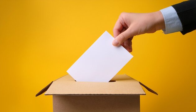 hand dropping white ballot into cardboard box vibrant yellow background