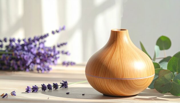 aromatherapy essential oil diffuser on wooden table
