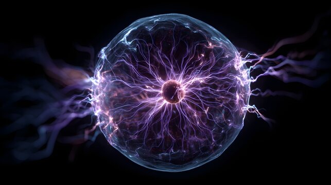 Electricity arcs through transparent purple orb with glowing core on black background with electricity arcing high voltage ionization technology