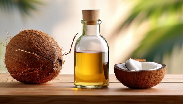 a customizable coconut oil bottle mock up arranged neatly with a small bowl of coconut oil and a fresh coconut shell on a warm wooden kitchen counter professional food styling isolated background