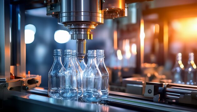 close up of plastic bottles being formed inside an injection molding machine showing the hot plastic material being shaped into precise bottle molds with space in the background for text