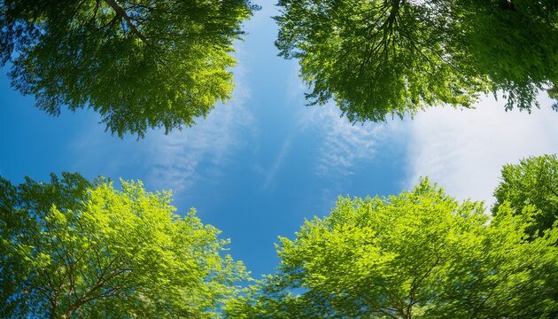 looking up at the green tops of trees italy