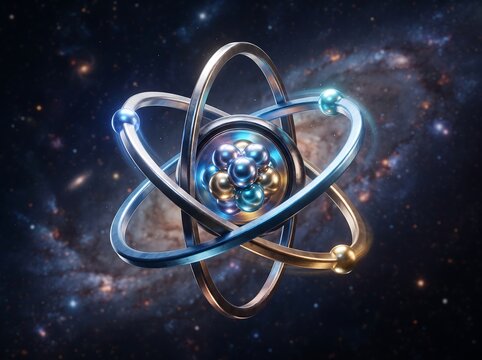 Atom Model Floating Against Space Background