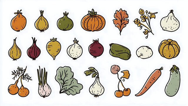 Set of hand drawn various vegetables and autumn harvest elements.