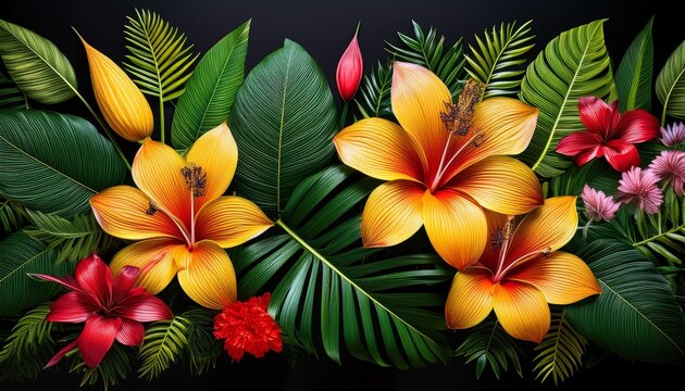 lush tropical leaves and vibrant exotic flowers form a rich botanical composition against a black background detailed foliage bold colors and a luxurious jungle aesthetic create striking visual imp
