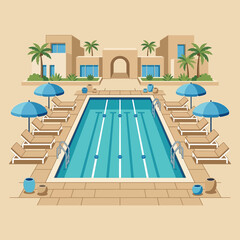 Fototapeta premium Luxury Resort Poolside Oasis With Palm Trees And Modern Buildings