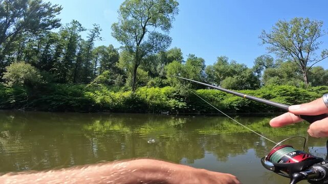POV catching European chub (Squalius cephalus) fish on a spinning rod. Fisherman lifting catch above river water during sunny summer day.