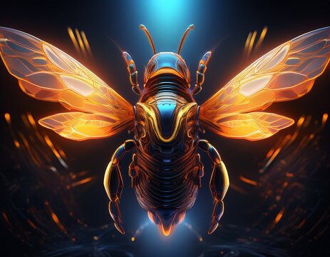 a symmetrical bee with glowing orange wings against a dark background