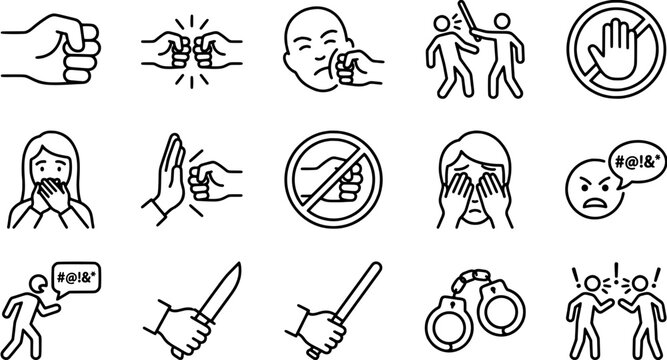 Conflict and aggression icon set in a line art style including violence, fighting, domestic abuse, shouting, weapons and arrest symbols.
