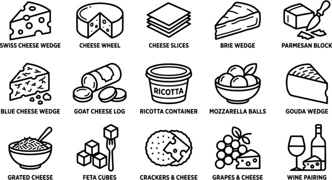 Cheese icon set in a flat line art style including swiss wedge, brie, parmesan block, ricotta container, mozzarella balls, gouda, feta cubes and juice pairing.