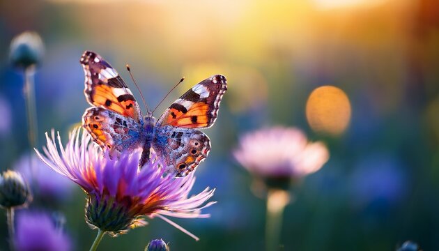 a close up of a butterfly perched on a colorful flower in a spring meadow with a blurred background providing space for text