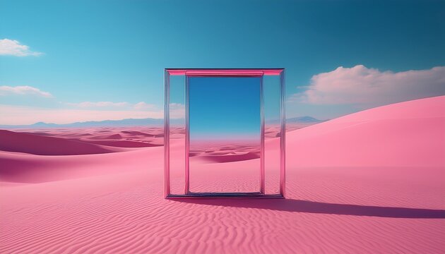surreal landscape pink dunes with a rectangle mirror standing