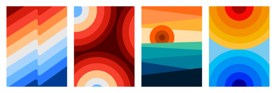 Retro Abstract Geometric Background Set with Rainbow Arches and Sunset Landscape Vector