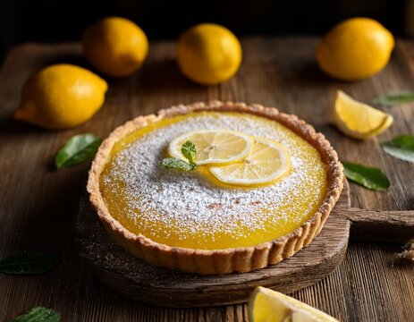 a delicious homemade lemon tart sits on a weathered wooden table dusted with fine powdered sugar and garnished with fresh yellow citrus artisan icing food