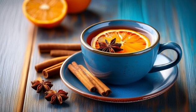 blue ceramic mug of spiced orange tea with cinnamon star anise on rustic table