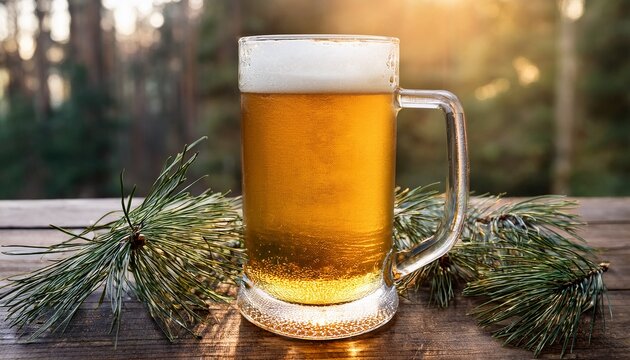 a frosted glass mug filled with golden lager sits on a rustic wooden table scattered with green pine needles and small forest twigs in sunlight golden branch pub