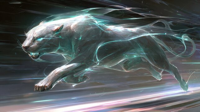 Ethereal glowing feline apparition composed of cyan energy moving dynamically through abstract space