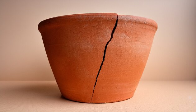 a weathered terracotta flower pot sits empty on a plain surface featuring a distinct vertical crack running down its textured orange side planter clay rustic