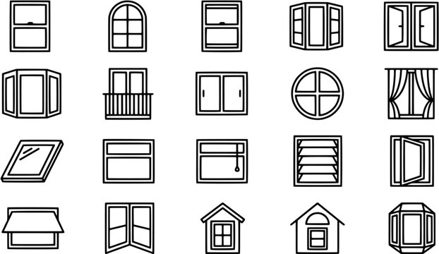 Window icon set in a simple black outline style including arch, bay, casement, skylight, circular and shutter designs. Editable vector illustration on white background.