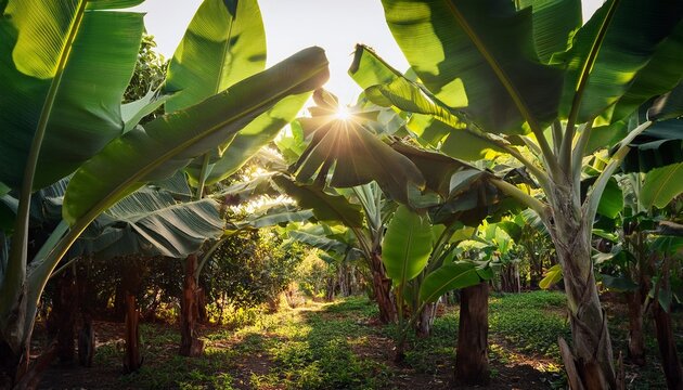 tropical banana plants with large green leaves forming a canopy under sunlight