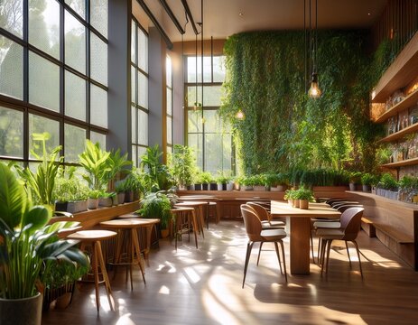 a serene plant filled cafe interior with natural light