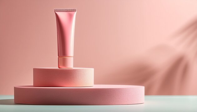 pink cosmetic tube on pastel podium
