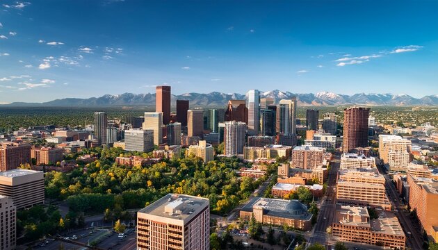 tilted angle skyline view of denver downtown and rocky mountains